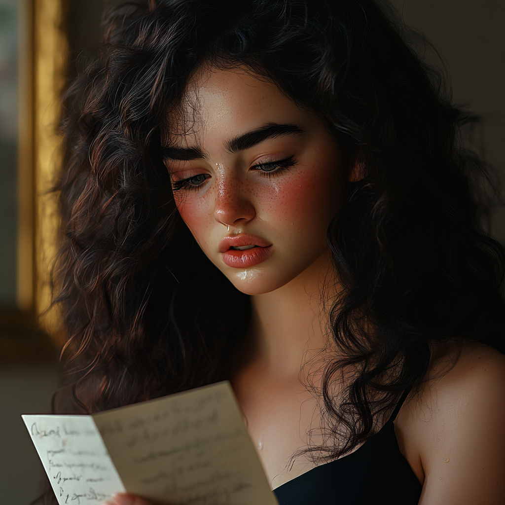 A teary-eyed woman reading a letter | Source: Midjourney