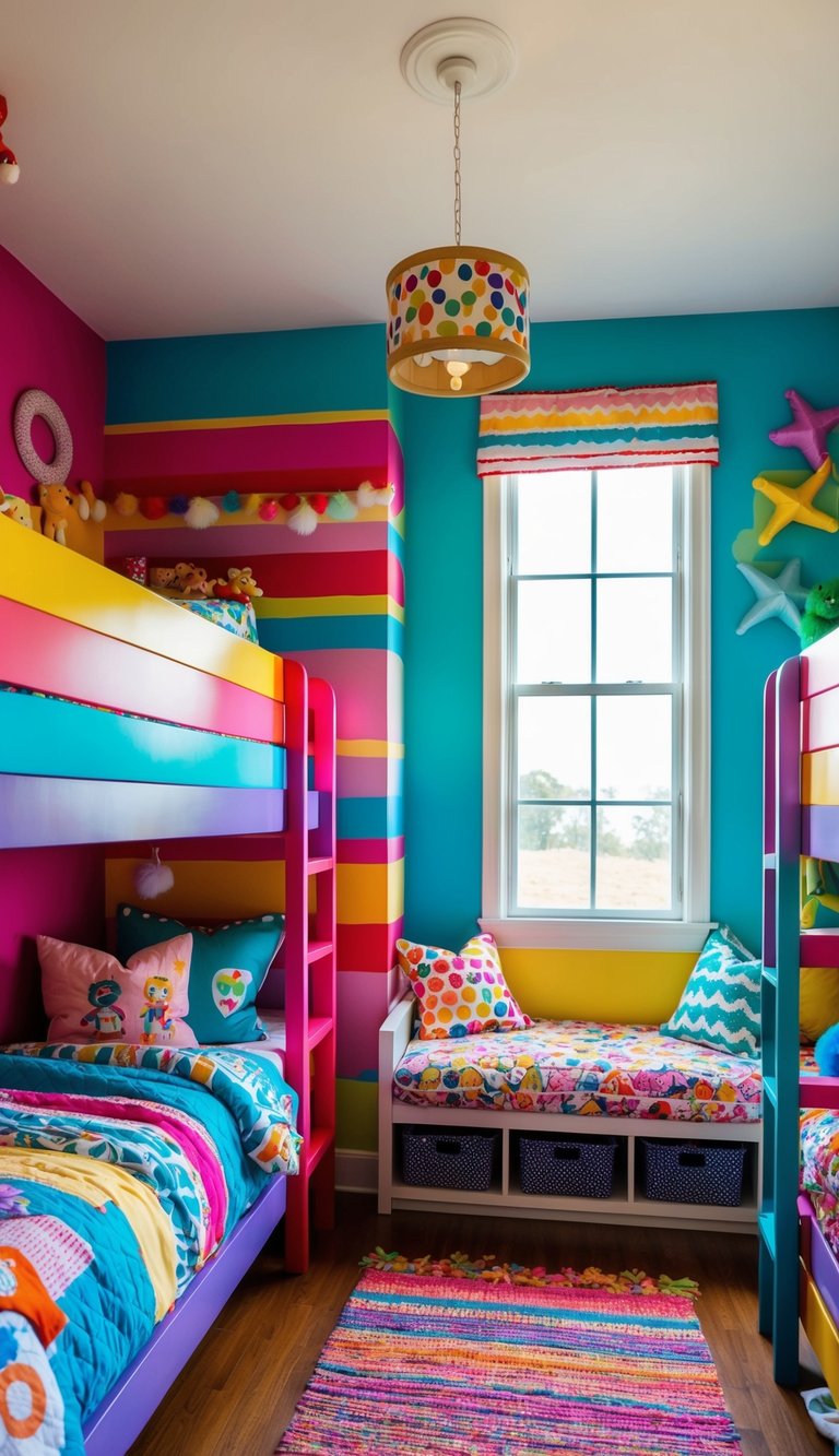 A vibrant bunk room with playful, colorful bunks and cozy bedding, surrounded by cheerful decor and kid-friendly accessories