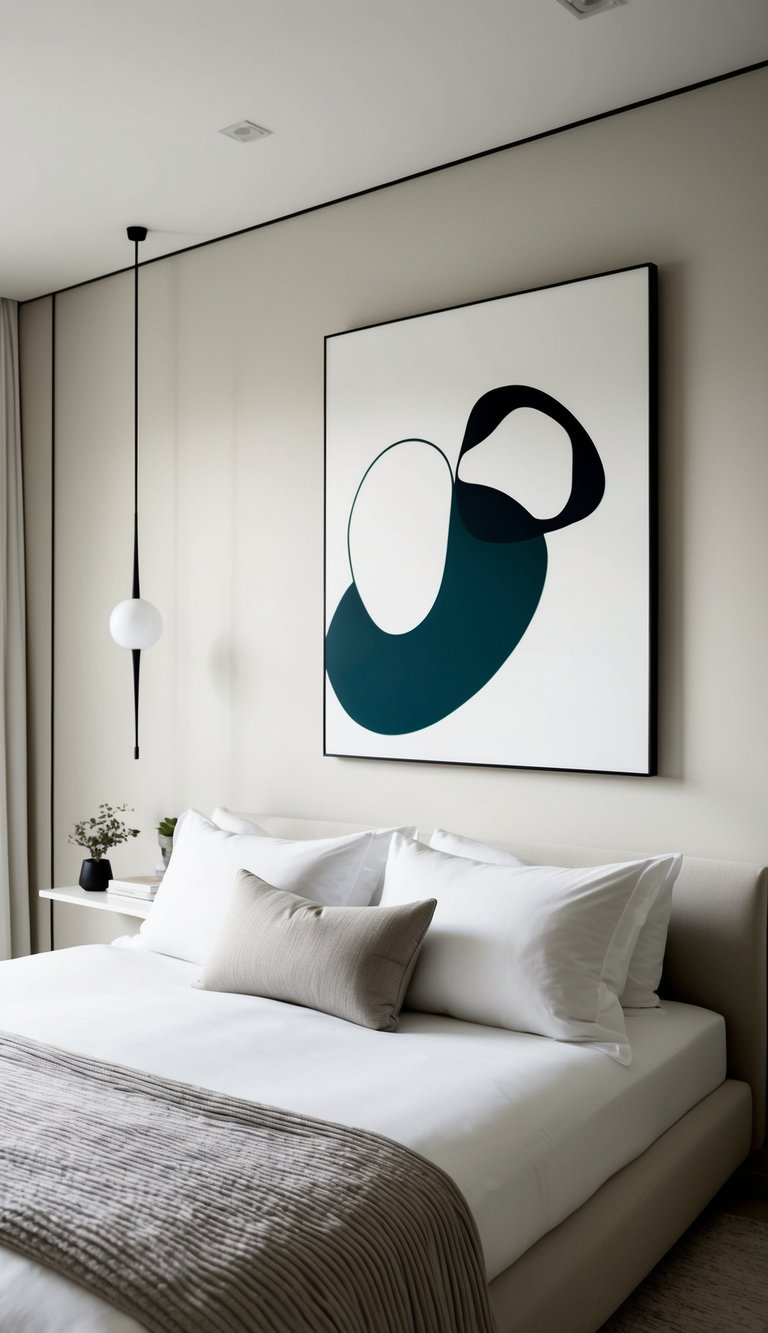 A serene bedroom with a large abstract wall art piece as the focal point. Minimalist decor and clean lines create a tranquil atmosphere