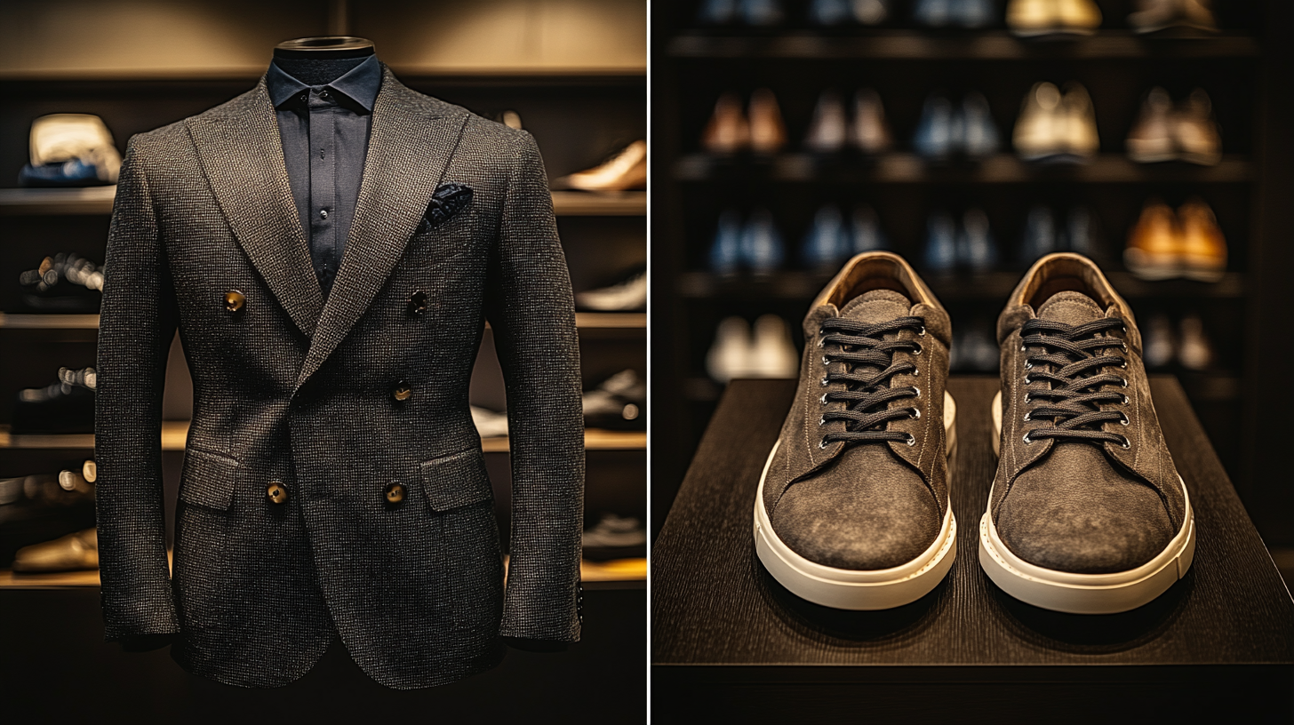 On the left side, a dark double-breasted suit, bold and classic, tailored with a sharp silhouette. On the right side, high-quality leather or suede sneakers, sophisticated yet modern, creating a bold statement. The background is sleek, with soft lighting to enhance the stylish and confident vibe.