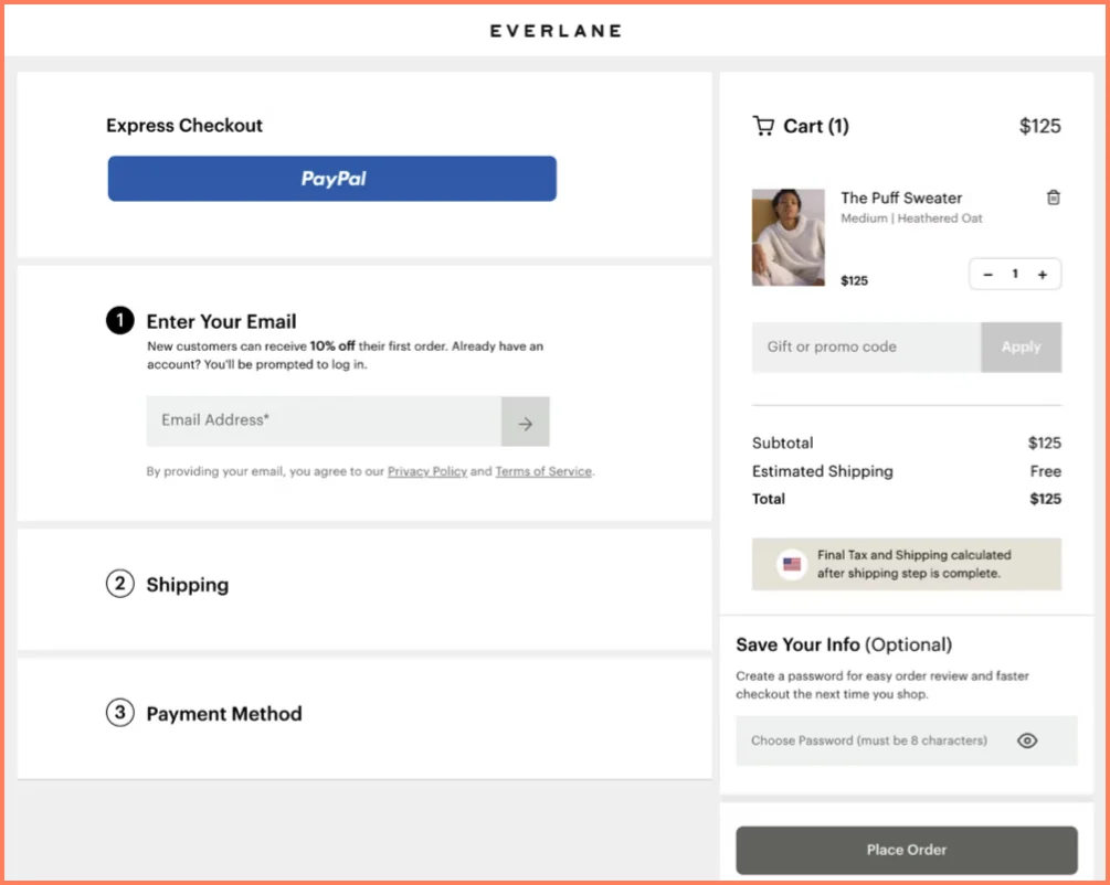 A standout Shopify checkout page example comes from Everlane, a brand renowned for its contemporary clothing and accessories.