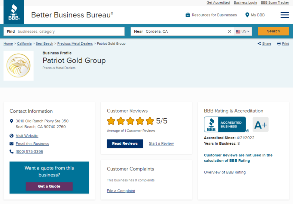 Patriot Gold Group complaints on BBB