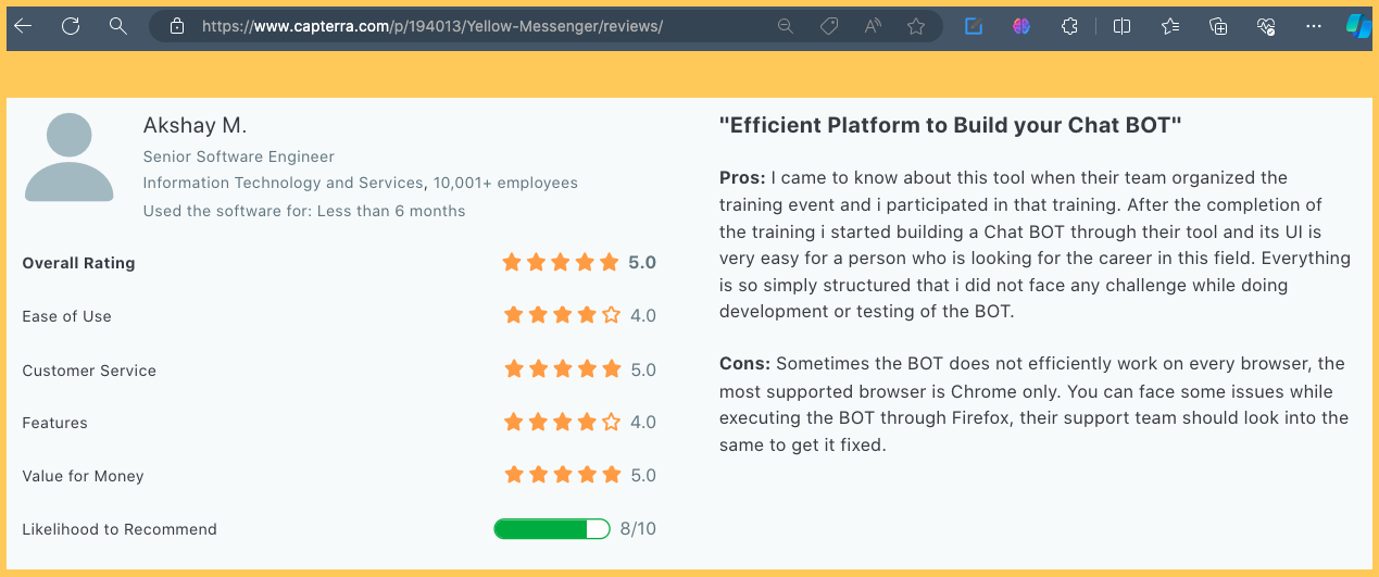 Yellow.ai user review.