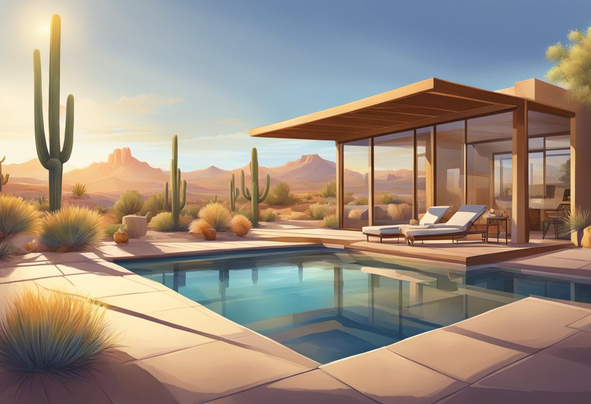 A serene Arizona pool, free of chlorine, surrounded by desert landscape and bathed in warm sunlight