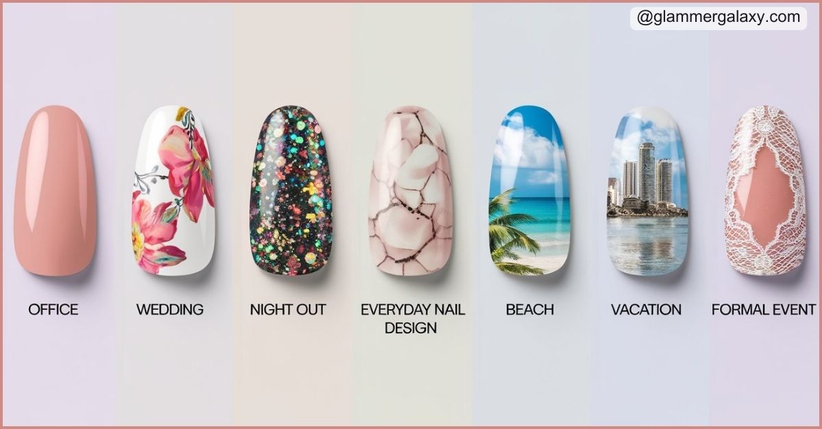 Seven nail designs labeled for various occasions against a pastel background.