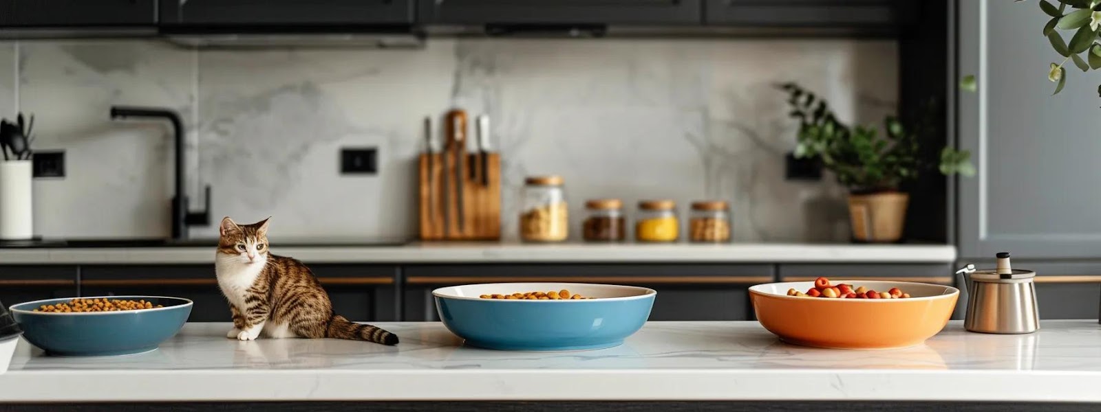 a sleek, modern cat food packaging is prominently displayed on a polished kitchen counter, surrounded by vibrant bowls of food showcasing rich, glossy kibble that emphasizes the essential fats for feline energy and well-being.