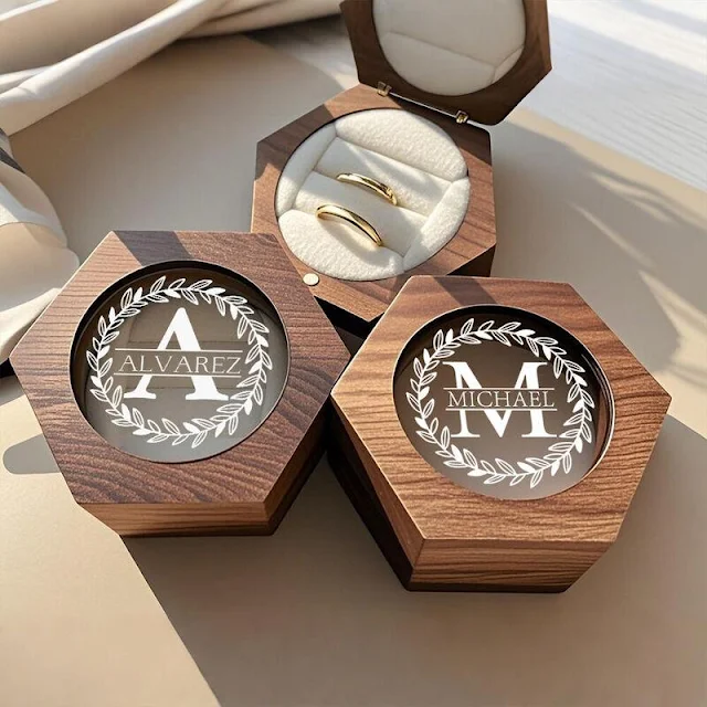 Personalized Hexagon Wood Ring Boxes - Engraved Keepsake Custom engraved hexagon wood ring boxes, perfect for wedding ceremonies or as a unique engagement ring holder. Features personalized names and initials with a rustic, elegant design.