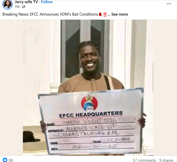 VDM’s EFCC mugshot: Rufai Oseni corrects tweet after DUBAWA’s fact-check