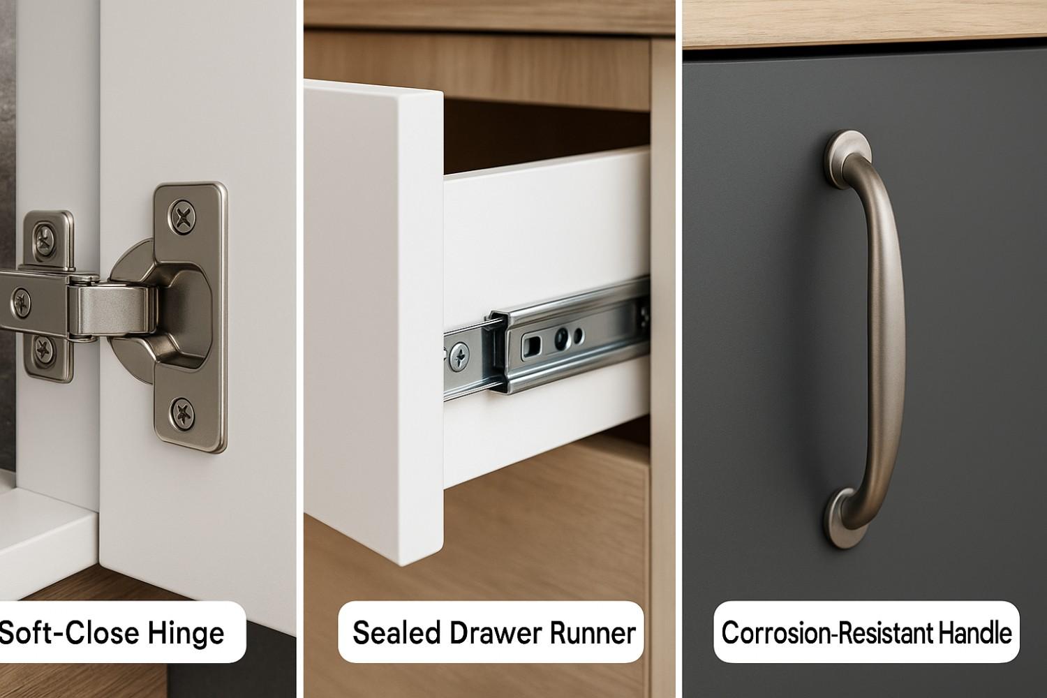 Premium hardware selection showing corrosion-resistant finishes for Bengaluru modular kitchens