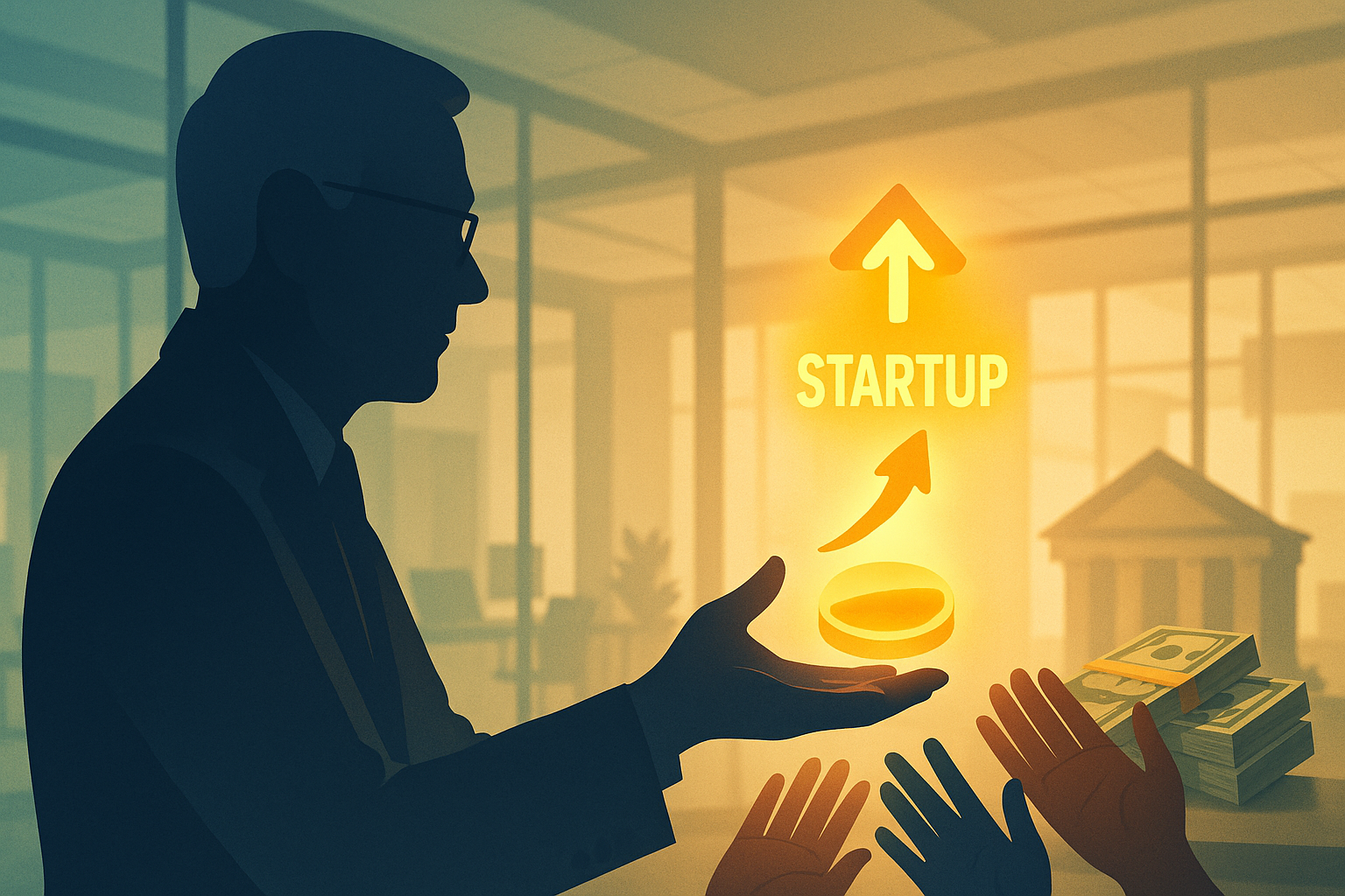  A silhouetted angel investor with outstretched hands guiding a glowing startup logo upward in a modern office, representing mentorship, funding, and growth support.
