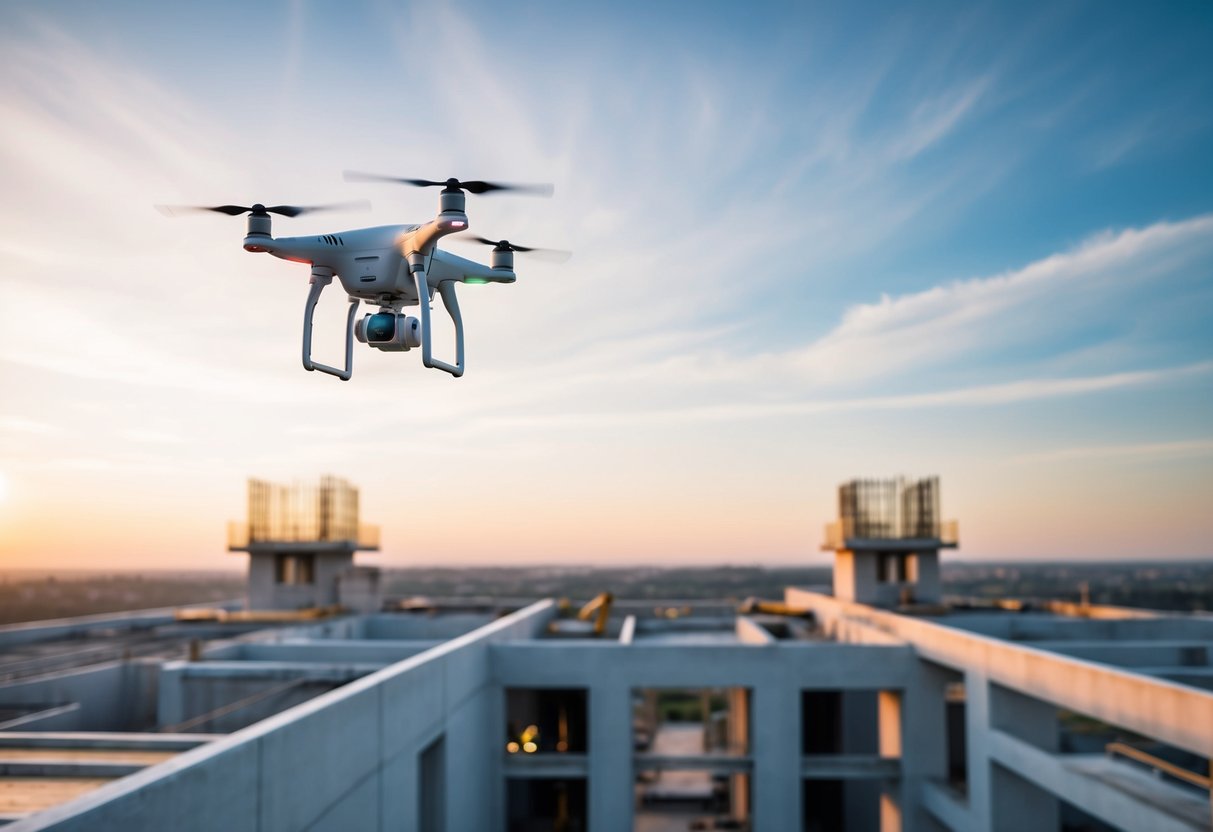 A drone hovers over a construction site, capturing detailed images of the building's structure and inspecting hard-to-reach areas for safety assessment