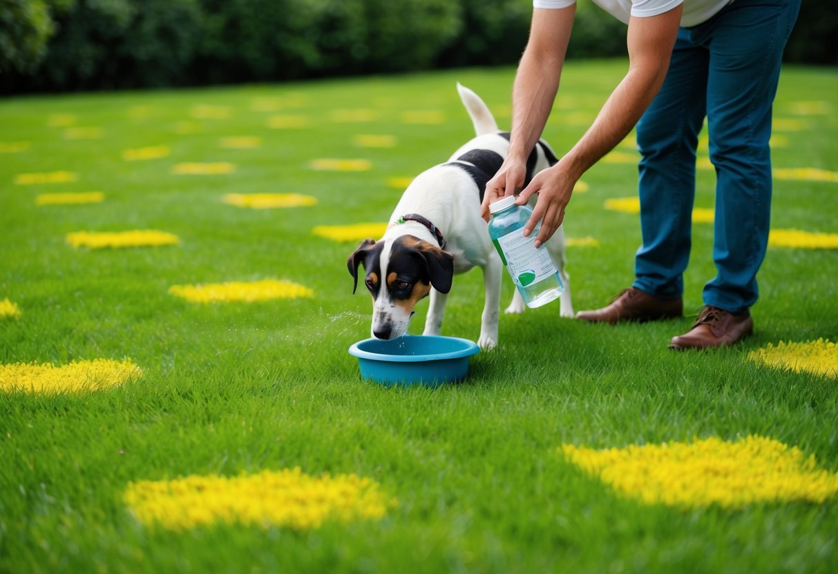 A lush green lawn with scattered yellow patches, a dog drinking from a water bowl, and a person sprinkling natural remedies on the grass