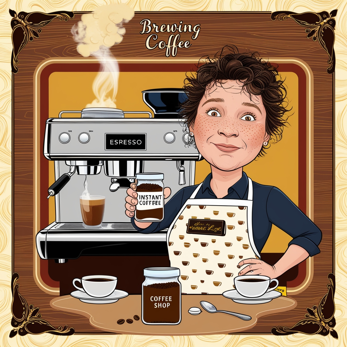 The image is a stylized illustration of a barista in front of an espresso machine. The barista, wearing a coffee-themed apron, has curly hair and a friendly, content expression. They are holding a jar labeled "Instant Coffee" while standing beside a cup of freshly brewed coffee. 