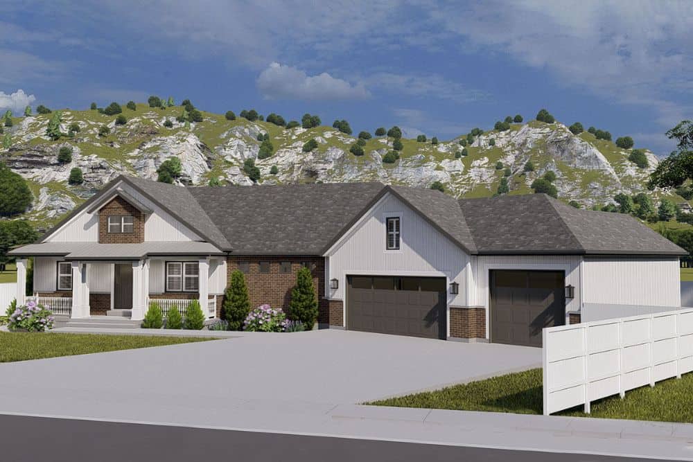 Front-right rendering of the 6-bedroom single-story exclusive country ranch home.
