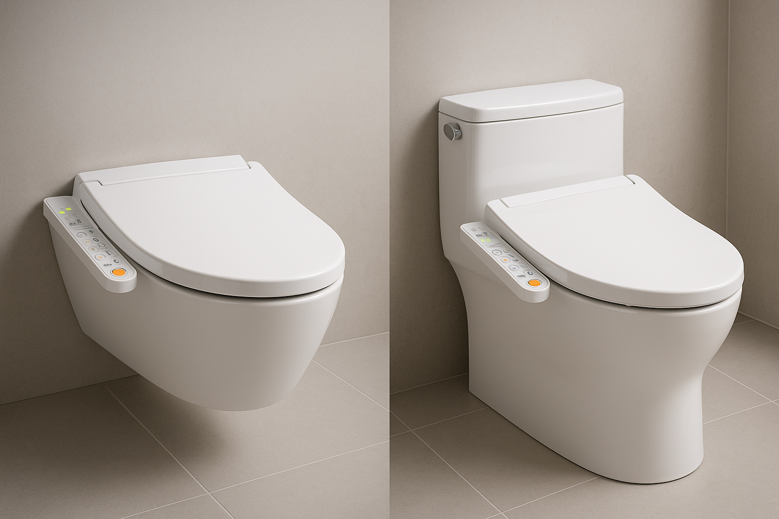Wall-mounted and floor-mounted Japanese smart toilets side by side