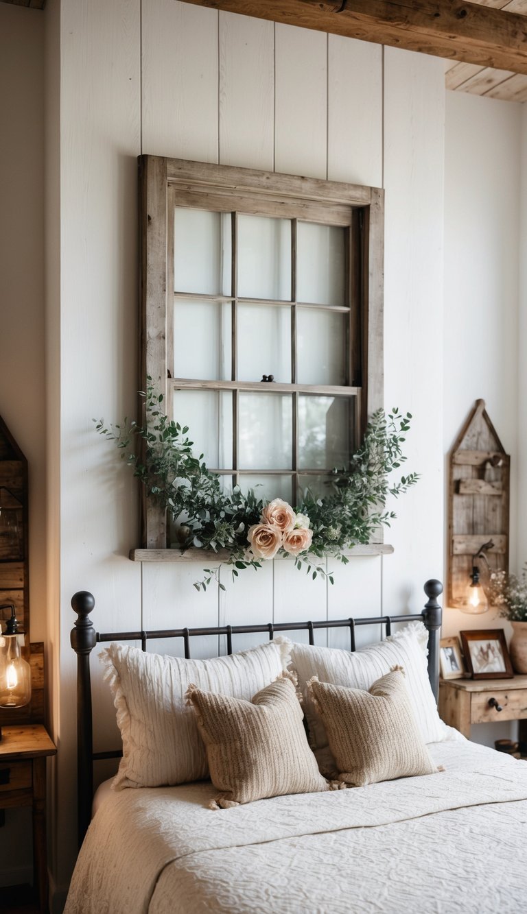 An antique window frame hangs on a whitewashed wall, adorned with rustic decor in a cozy farmhouse bedroom