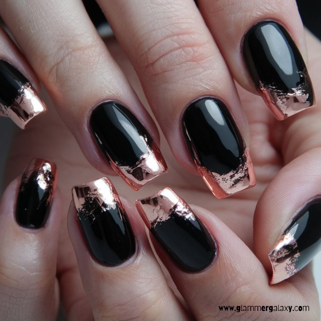 Black and Rose Gold Nail Designs having Coffin Nails with Rose Gold Foil Tips
