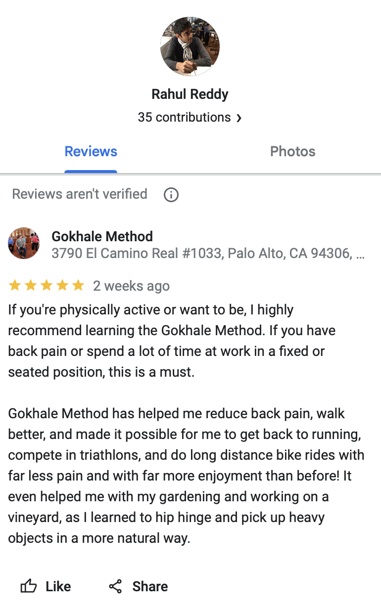 Goggle 5-star revue of the Gokhale Method by Rahul Reddy.