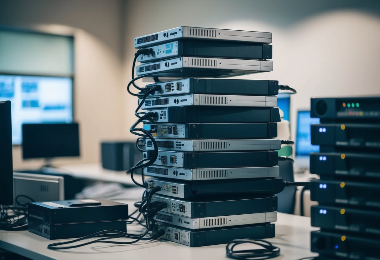 A stack of outdated electronic devices being securely disposed of in a designated IT asset disposition area, with a focus on data security compliance measures