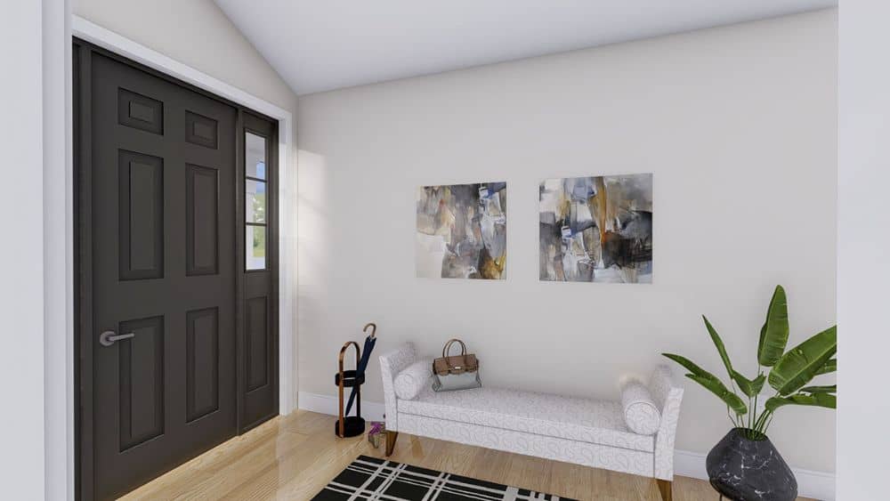 Foyer with a Cleopatra bench, an umbrella stand, and a couple of artworks adorning the white walls.