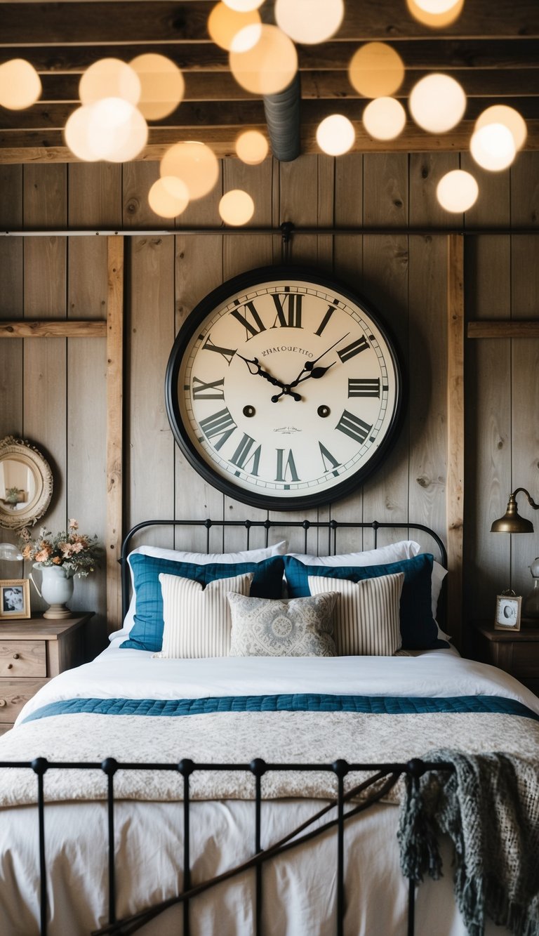 A rustic farmhouse bedroom with a large wall clock as the focal point above a cozy bed and vintage decor