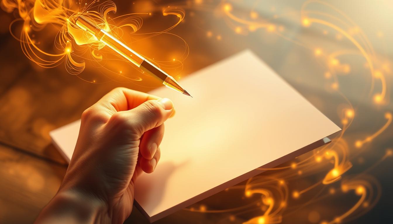 A hand holding a pen hovering over a blank sheet of paper, surrounded by swirling golden energy. The pen is radiating a bright light as if it's drawing from the energy around it to manifest the words being written. The paper seems to be glowing with potential and possibility, waiting for the words to bring them to life. The hand is steady, focused, and determined, embodying the power and intention behind manifestation through writing.