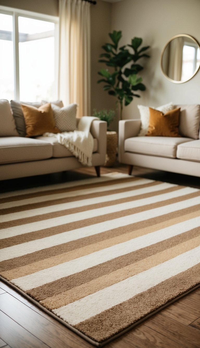 A beige and tan chevron rug in a cozy living room with warm, neutral tones and comfortable furnishings