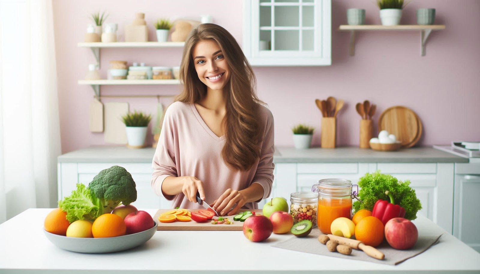 Healthy eating guide - A woman preparing a fresh meal with colorful fruits and vegetables for healthy eating beginners in a modern kitchen.