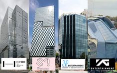 This  contain an image of  four buildings of   K-pop industry