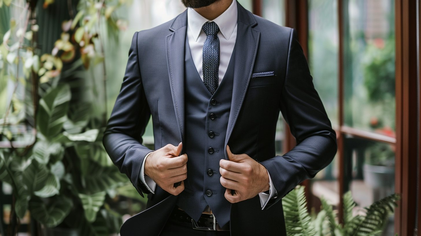 Man in a three-piece suit (choose black, navy, or charcoal), featuring a matching vest, white shirt, and tie, holding or removing jacket for a relaxed yet formal prom look.