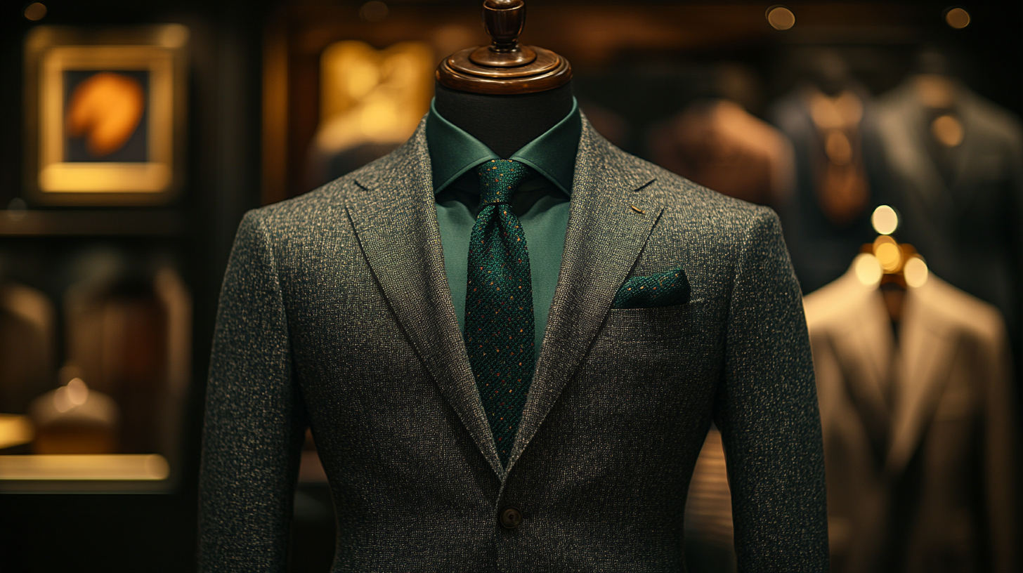 A mannequin wearing a tailored gray suit with a rich, deep forest green shirt. The outfit is styled for a formal event, featuring a dark green silk tie, a neatly folded pocket square, polished black leather dress shoes, and a sleek black belt. The background is a luxurious setting with soft lighting, highlighting the sophisticated textures of the fabric.