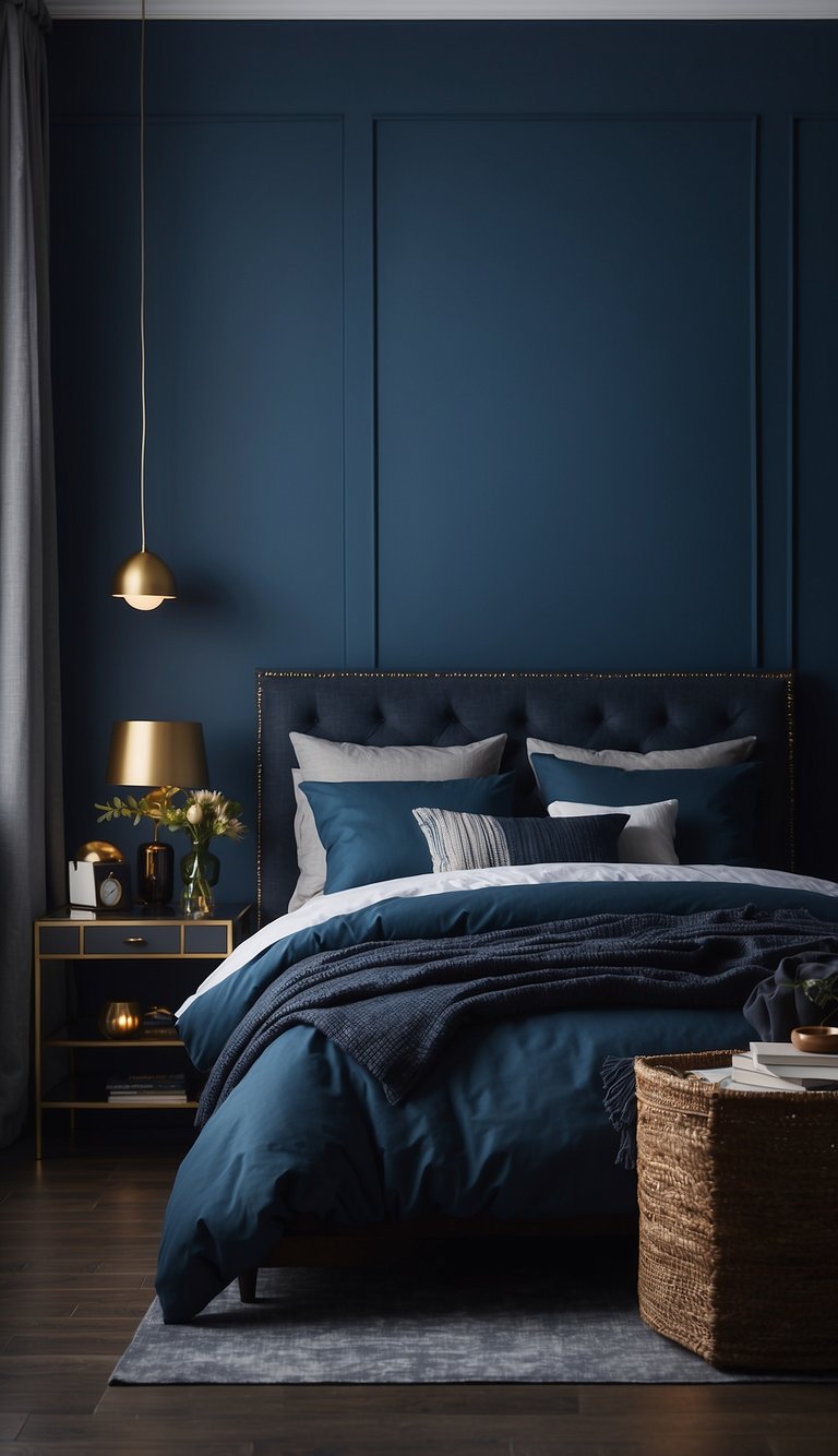 The walls are painted a deep, moody blue, casting a serene and tranquil atmosphere in the bedroom