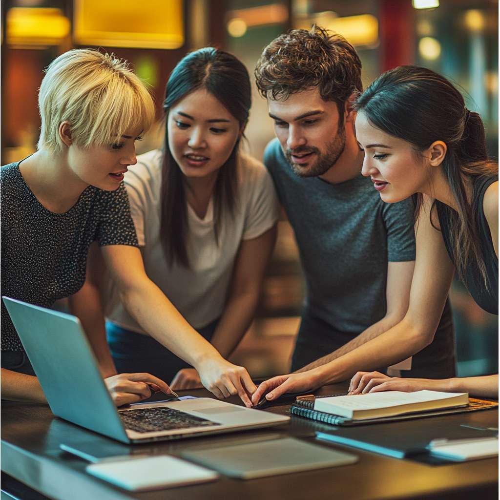 A small team is collaborating happily in a modern office.