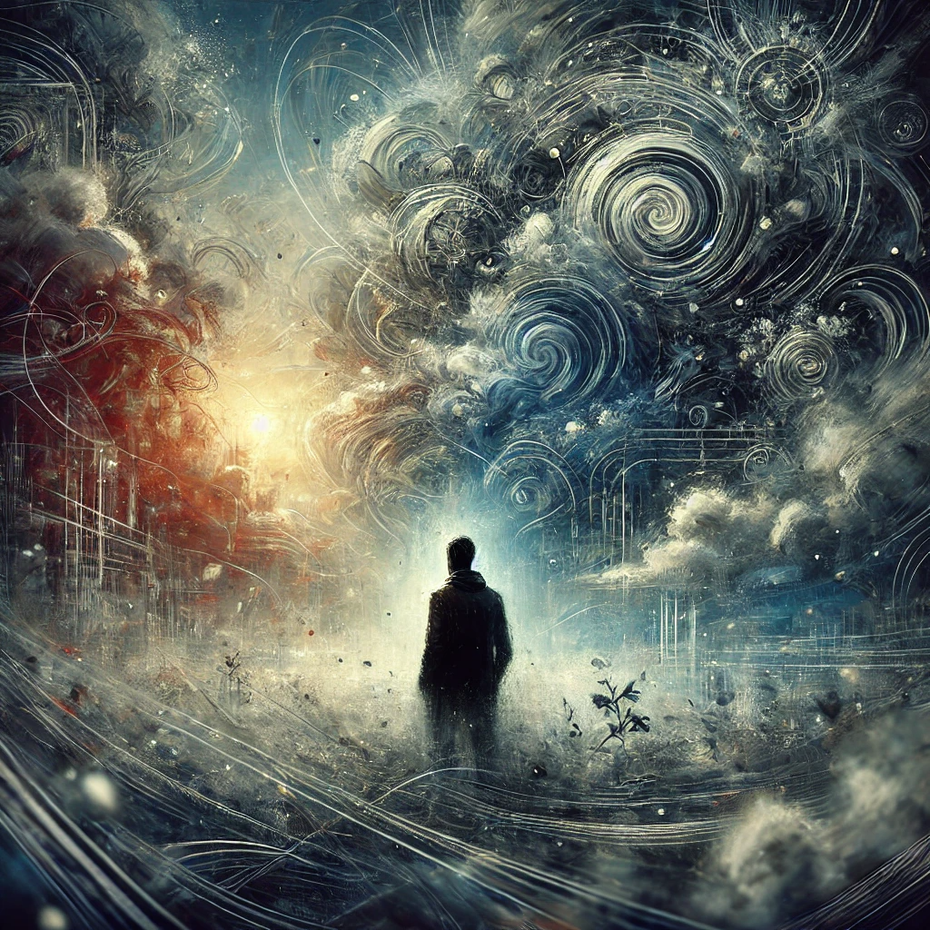 A person standing in the center of a swirling, chaotic environment with blurred, overlapping elements representing confusion and overwhelming thoughts. The background includes tangled wires, stormy clouds, and abstract shapes symbolizing mental struggle. The person appears introspective and isolated, with a faint light in the distance, suggesting hope or direction. The image captures the silent struggle of finding clarity amid chaos.