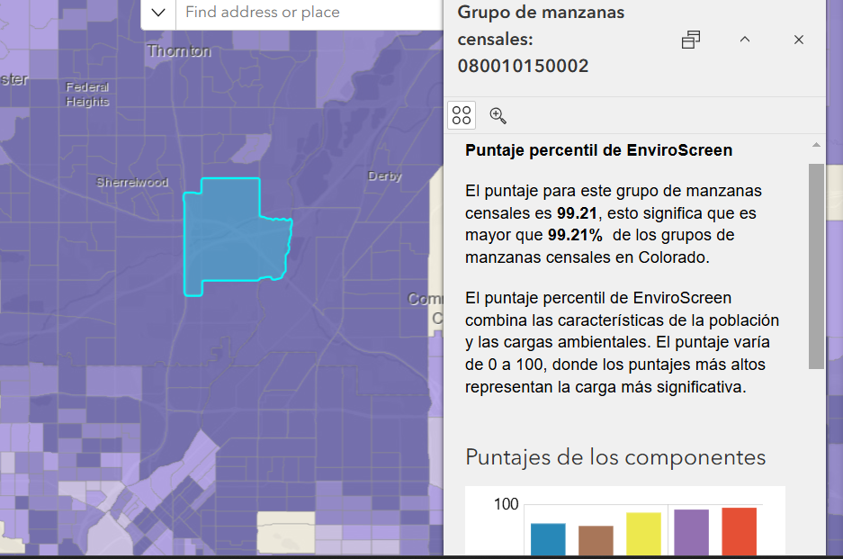 Una ventana emergente que muestra los datos de Colorado EnviroScreen del grupo de manzanas censales.