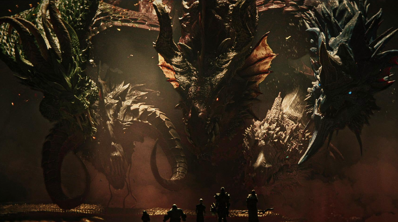 A group of people standing in front of a group of dragons in Secret Level

