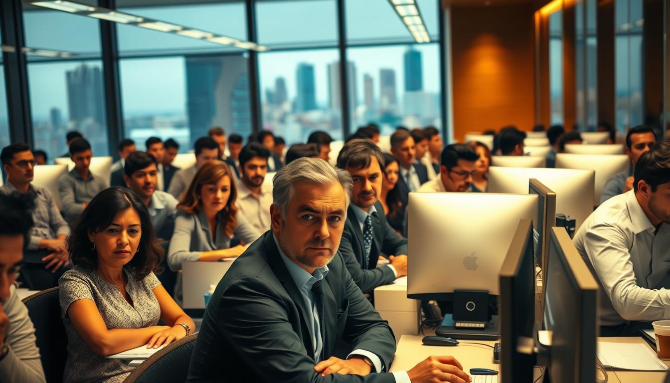 A bustling Spanish office filled with focused workers, each seated at a sleek, modern desk bathed in warm, golden lighting. The room's atmosphere is one of efficiency and productivity, yet there's an underlying tension - the employees appear slightly weary, their expressions a mix of concentration and dissatisfaction. In the foreground, a group gathers, brows furrowed as they discuss the new 37.5-hour workweek policy, their body language conveying unease and skepticism towards this 'progressive' measure. Through the large windows, the city skyline is visible, a constant reminder of the economic pressures faced by both workers and employers in this dynamic landscape.