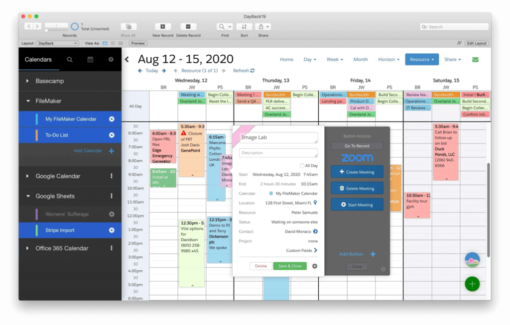 Screenshot showing the look of the DayBack calendar, with colorful blocks for various appointments. And also a Zoom pop-up showing how those meetings appear in the calendar.