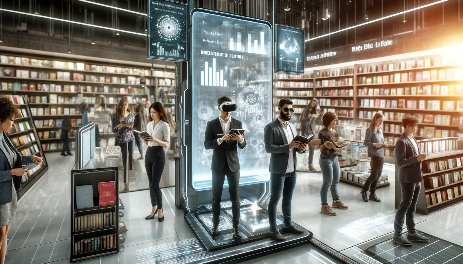 Futuristic bookstore with readers using VR and AR technology alongside traditional bookshelves.