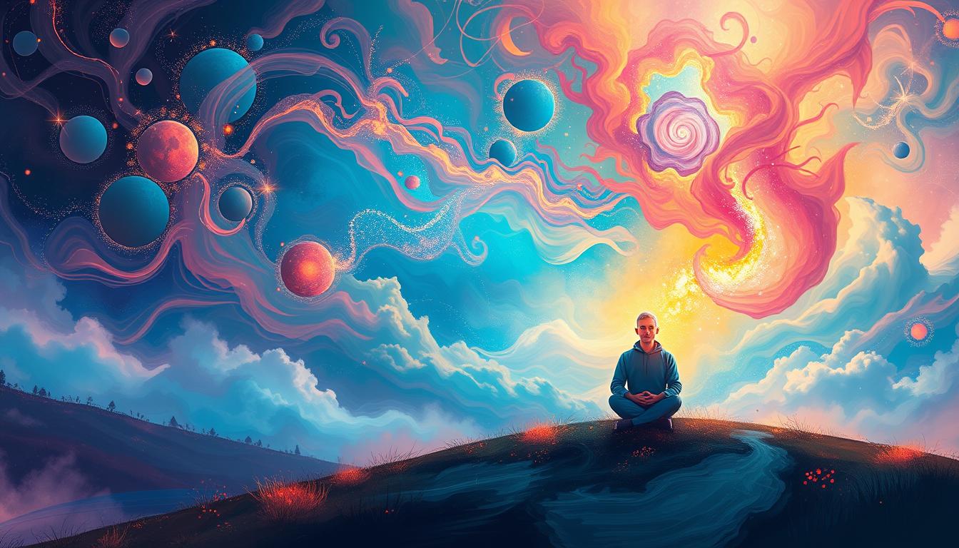 A serene landscape depicting a person sitting in meditation, surrounded by vibrant colors and swirling visions of their dreams and aspirations, ethereal lights illuminating the scene, soft clouds drifting in the background, representing the flow of imagination and creativity.