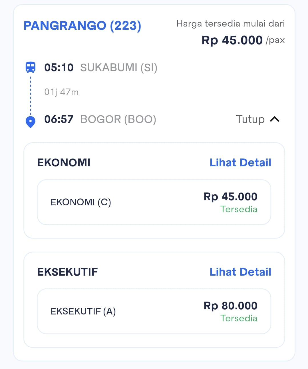 Harga Tiket KA Pangrango (223) Sukabumi (SI) — Bogor (BOO) 