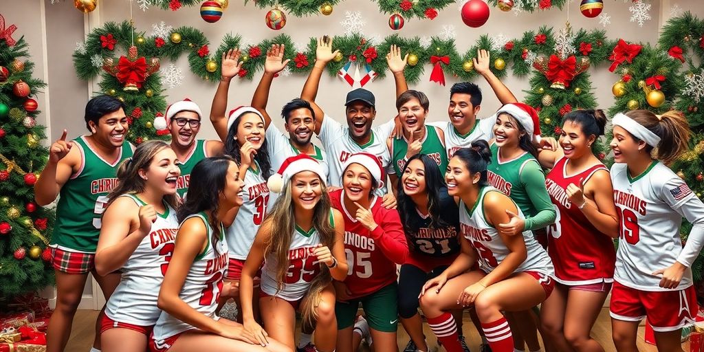 Christmas-themed sports teams having fun during the holidays.