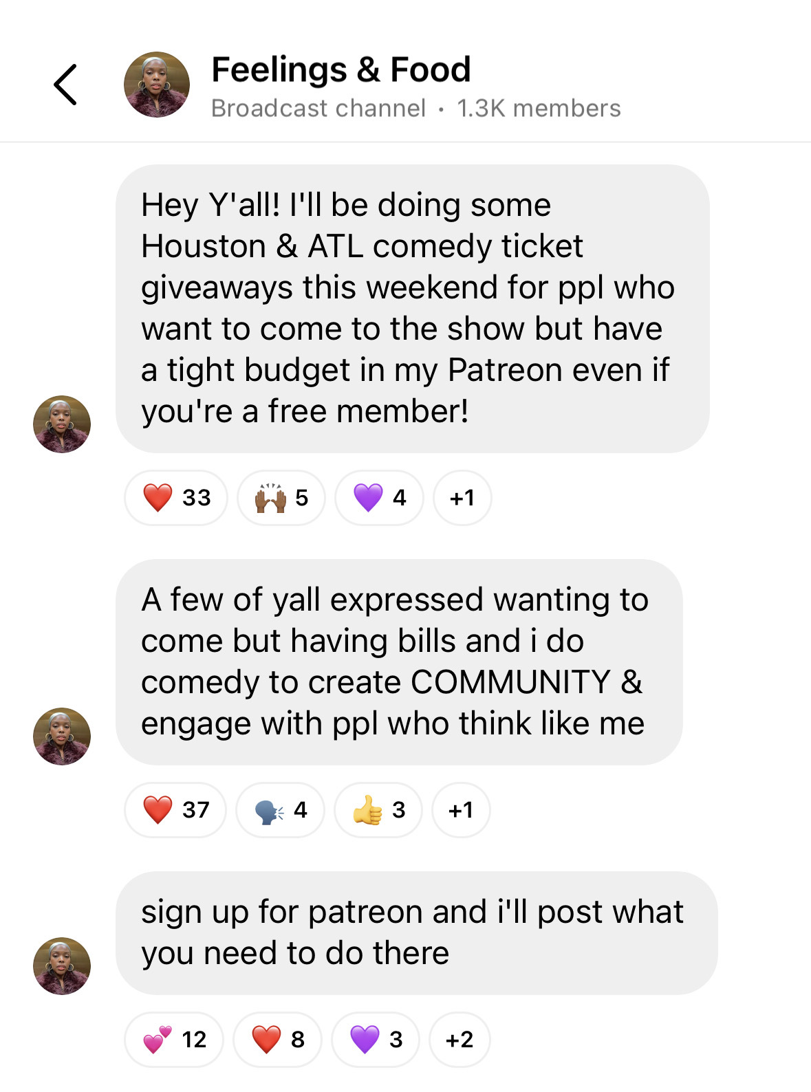 @jazmynw's Instagram broadcast channel. She shares there are members who want to attend but can't afford to purchase tickets. She shares details for a giveaway through her Patreon. 