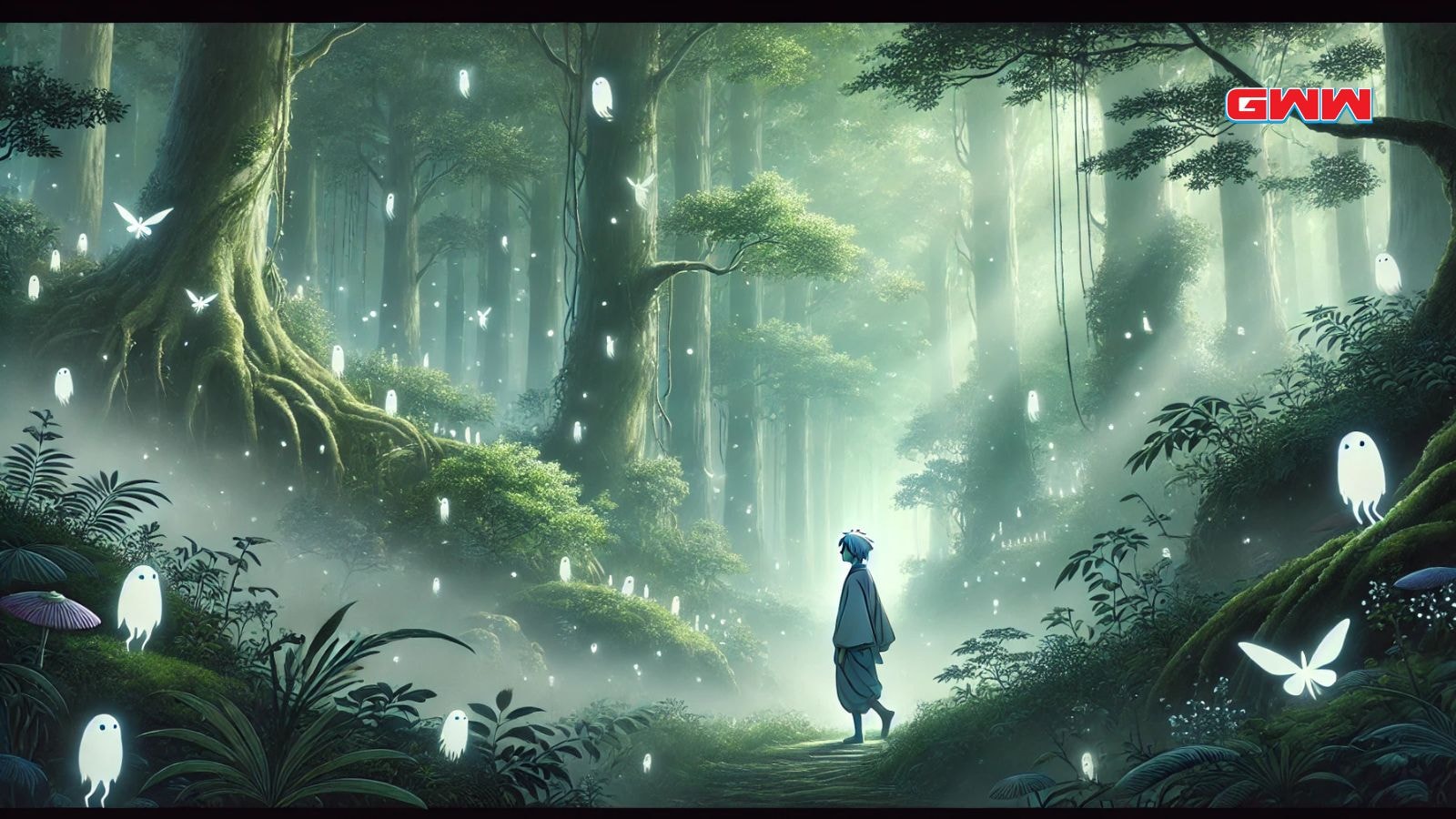 Enigmatic encounter in enchanted forest with Natsume and glowing spirits