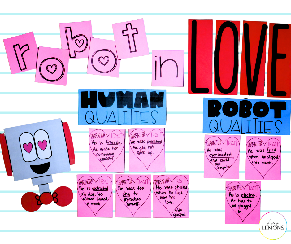 Robot in Love anchor chart with human qualities and robot qualities categories.