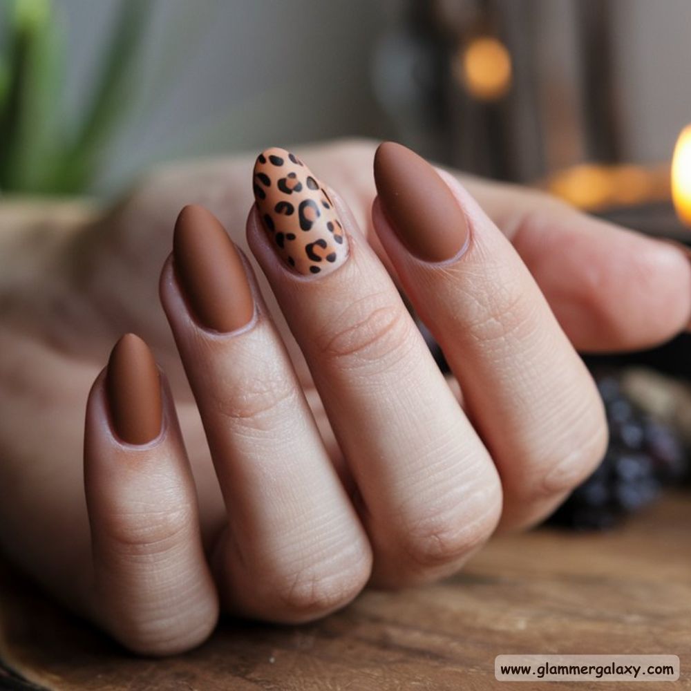 Neutral Leopard Print Nails having Earthy Matte Brown with Leopard Spots