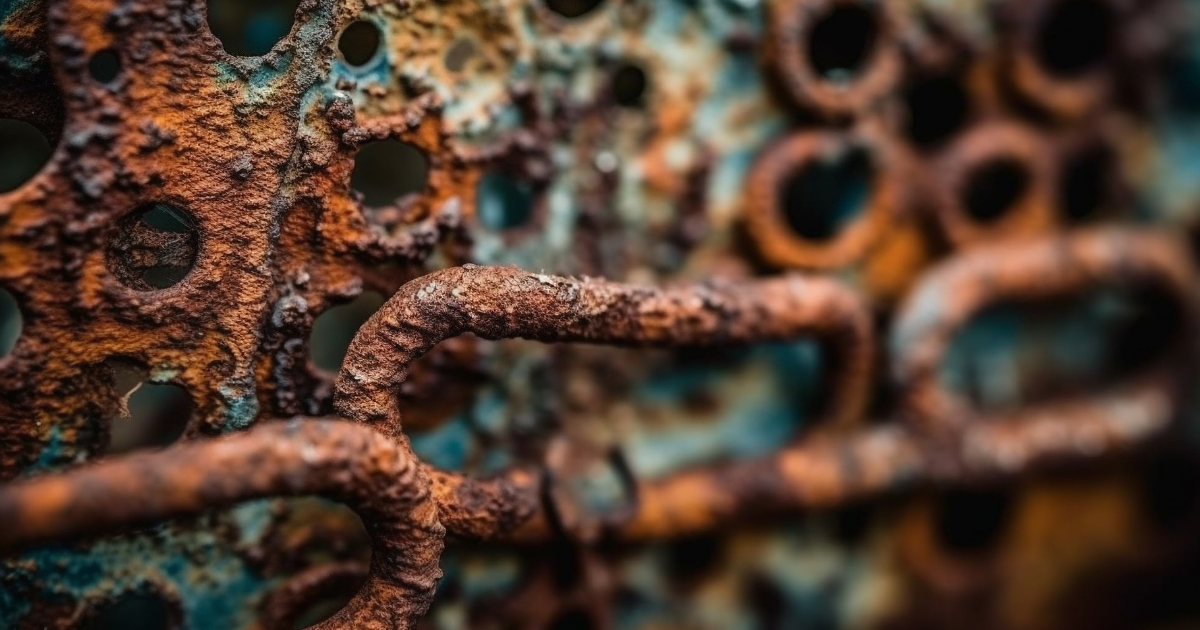 Close-up of rusted metal links and corroded perforated steel, symbolizing old chains and worn patterns breaking apart, just like the power of words that end harmful cycles and protect one's boundaries.