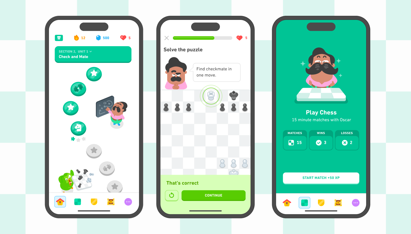 A colorful mobile app interface featuring three smartphone screens from a chess learning game. The left screen shows a progress path with stars and chess icons labeled “Check and Mate.” The middle screen displays a puzzle asking the user to find checkmate in one move, with a correct move highlighted and a message saying “That’s correct.” The right screen promotes playing 15-minute chess matches with a character named Oscar, showing stats for matches played, wins, and losses, and a button labeled “Start Match +50 XP.”