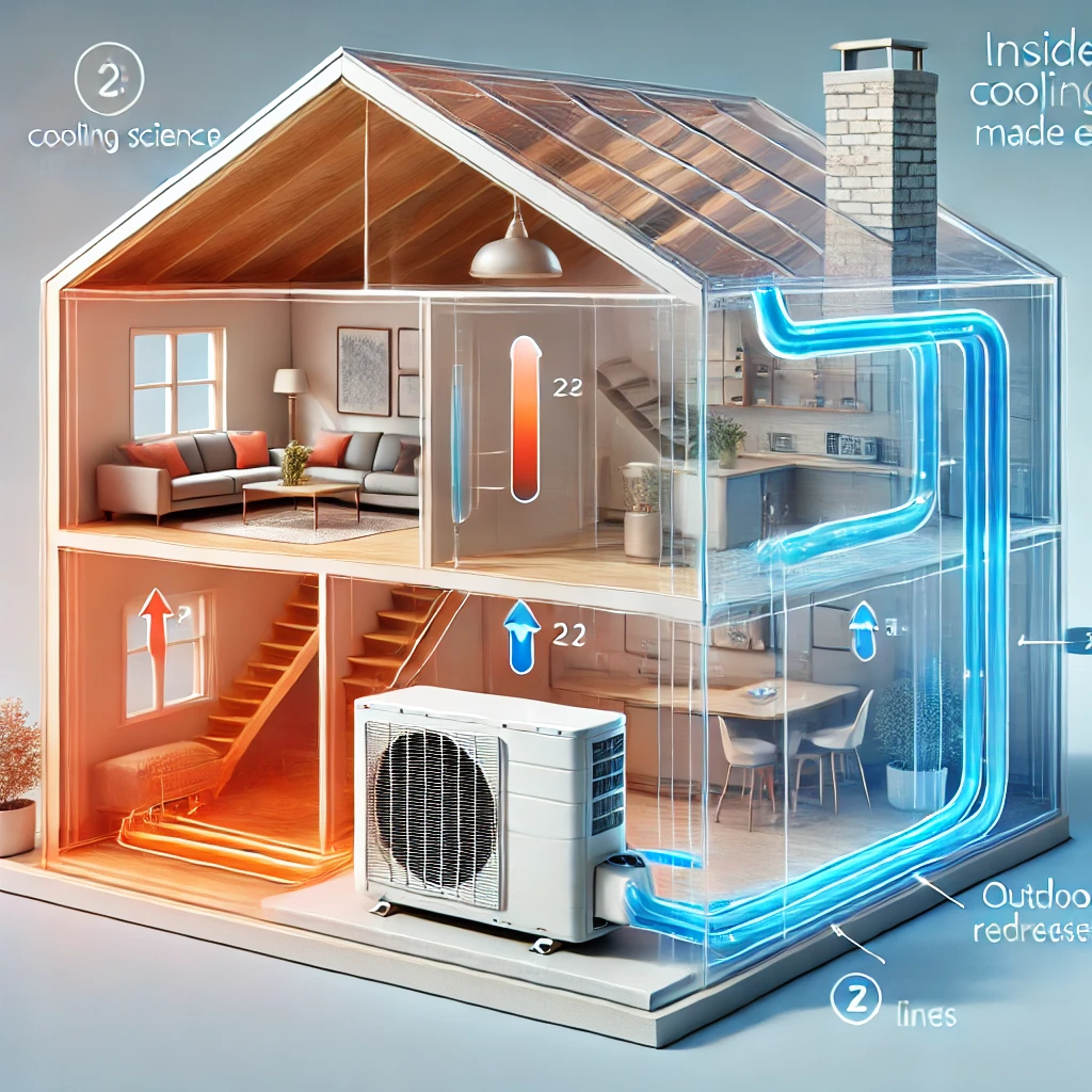 Cutaway diagram of a ductless mini-split system showing indoor and outdoor units connected by refrigerant lines with arrows illustrating heat transfer.