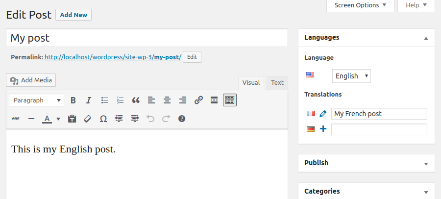 Polylang post editor for multiple languages